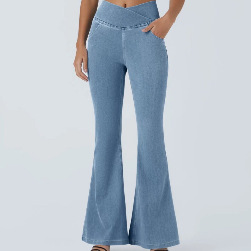 HALARA Magic Denim High Waist Crossover Flare Jeans Light Wash XL NWOT - Picture 3 of 13
